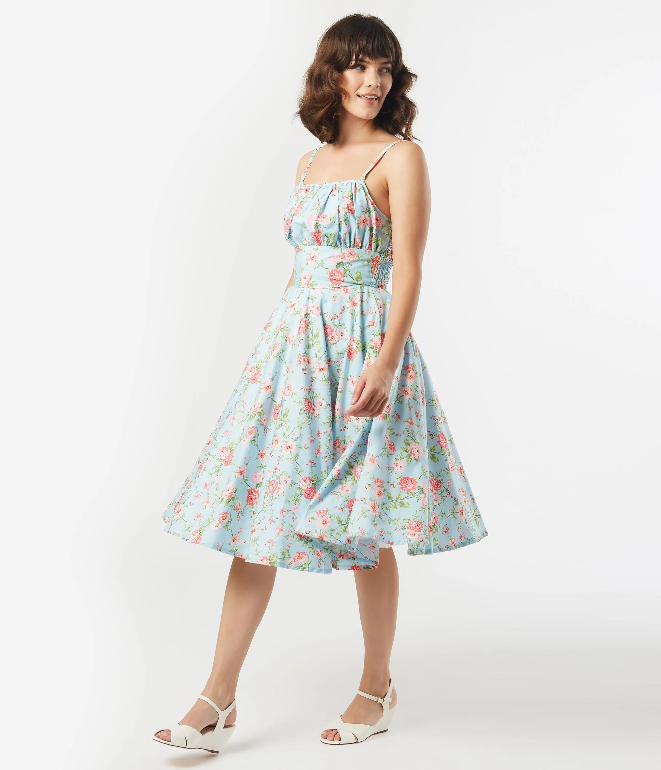 1950s Light Blue & Pink Floral Gina Swing Dress