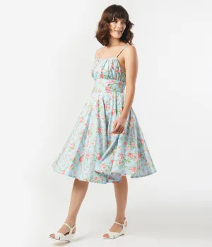 1950s Light Blue & Pink Floral Gina Swing Dress