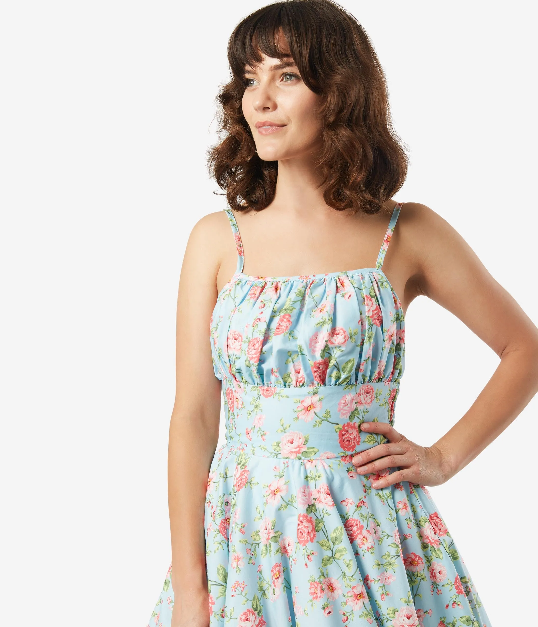 1950s Light Blue & Pink Floral Gina Swing Dress