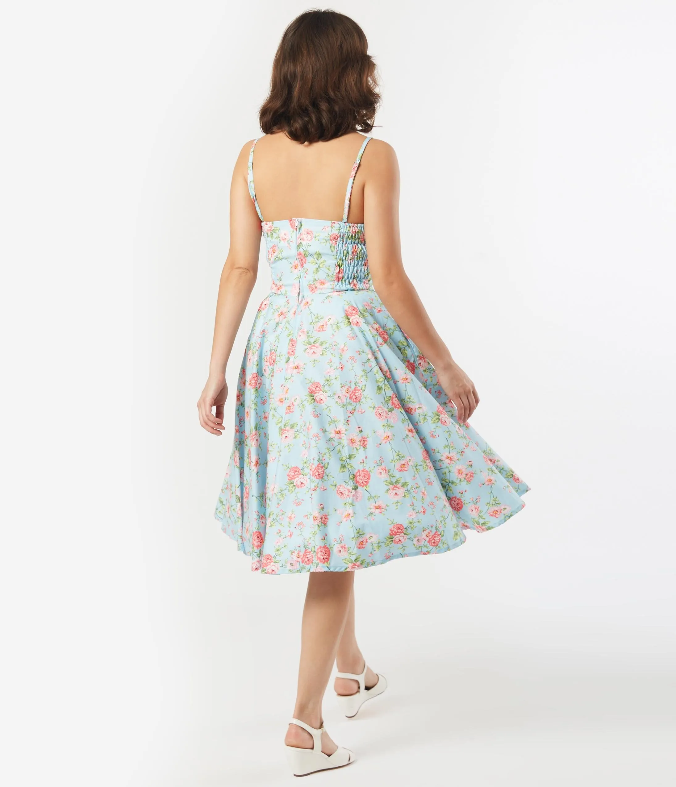 1950s Light Blue & Pink Floral Gina Swing Dress
