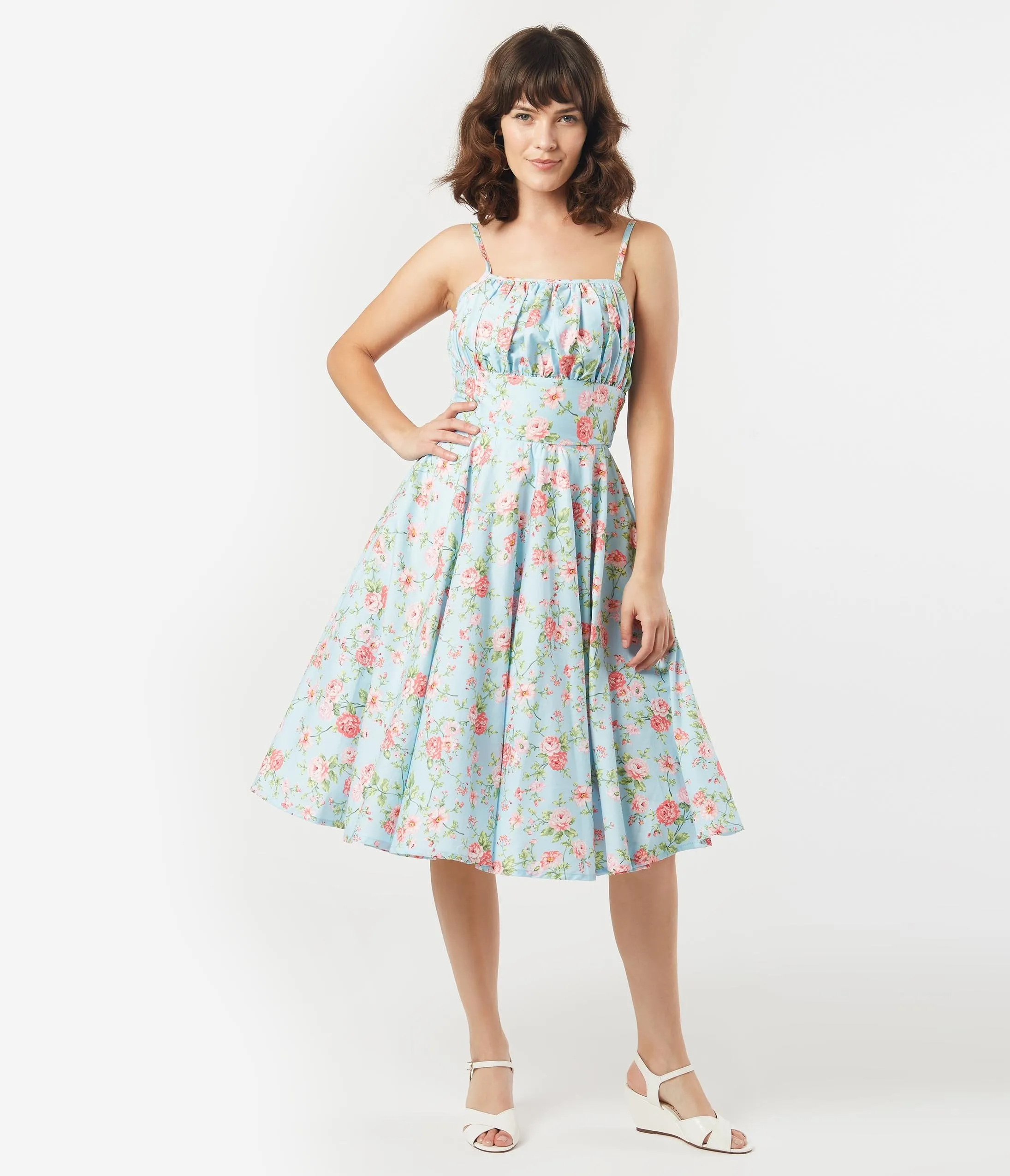 1950s Light Blue & Pink Floral Gina Swing Dress