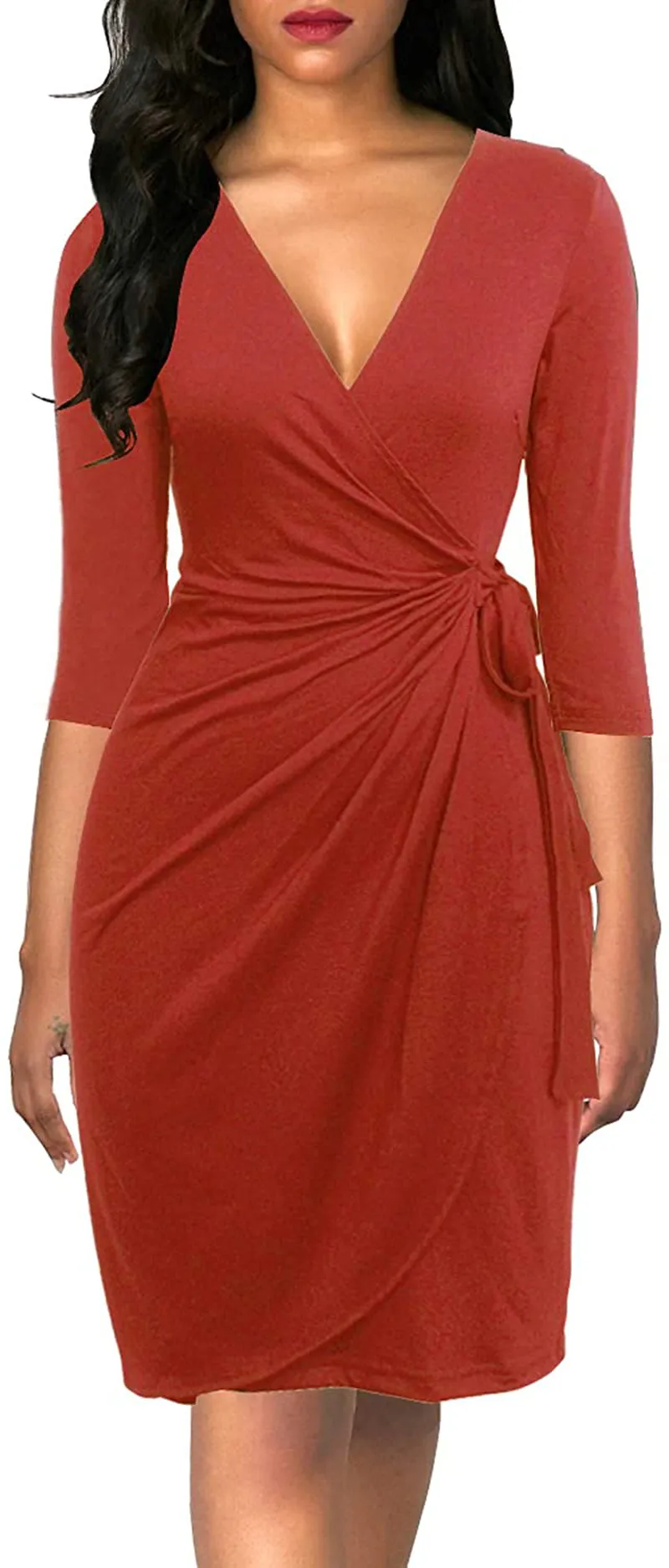 Berydress Women's Classic 3/4 Sleeve V Neck Sheath Casual Party Work Faux Black Wrap Dress