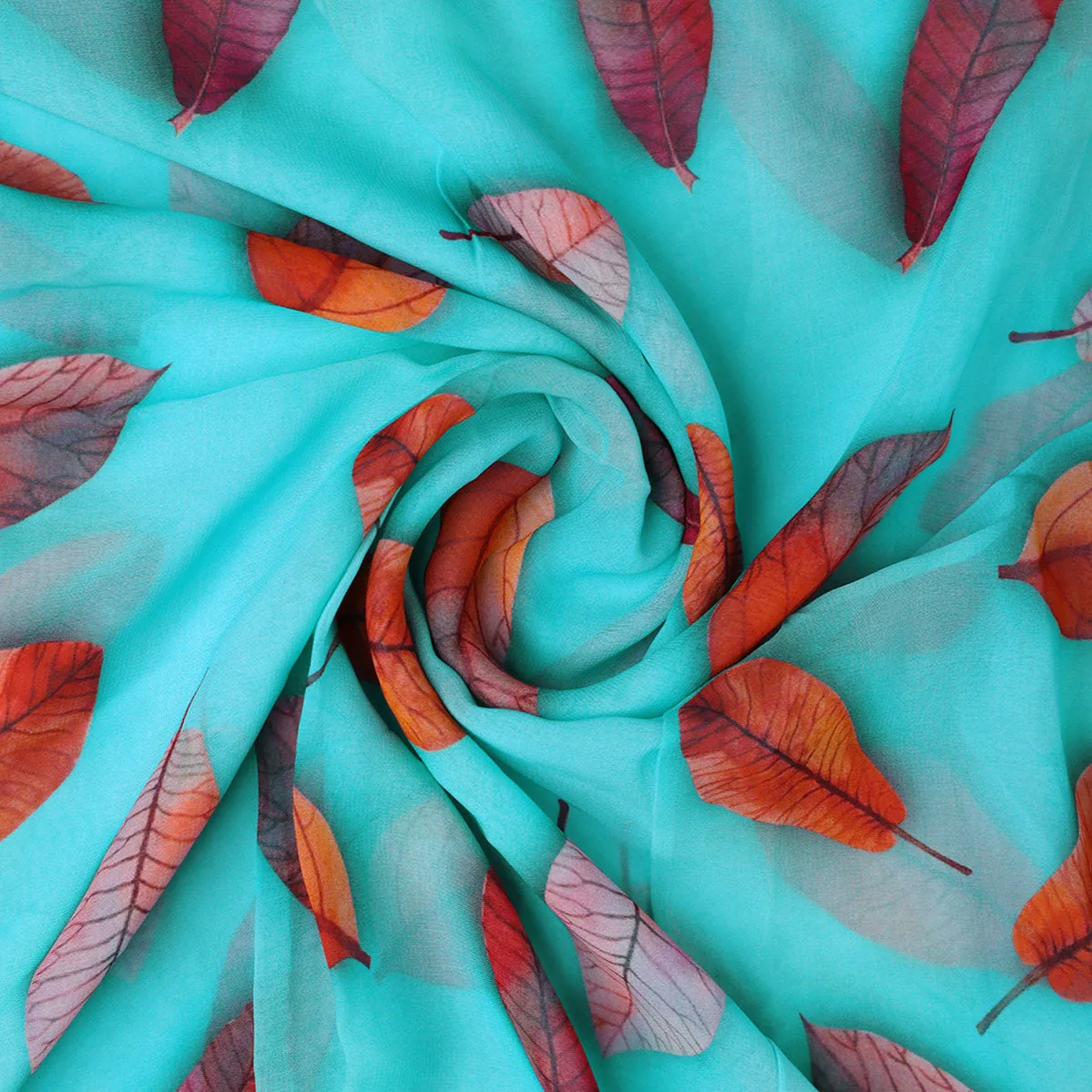 Blue Leaves Pure Georgette Printed Fabric