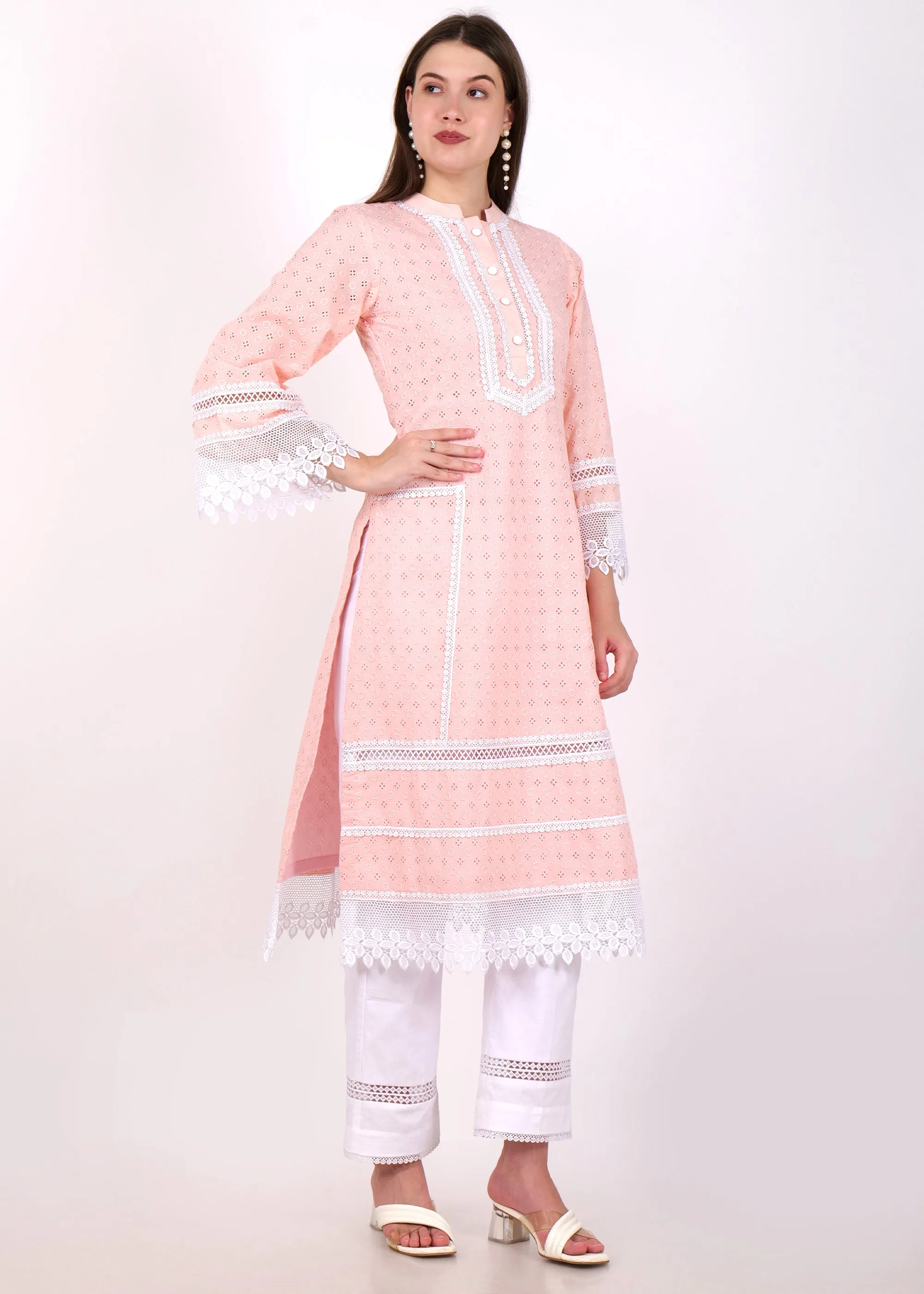 Blush Pink Lace Trim Kurta Set