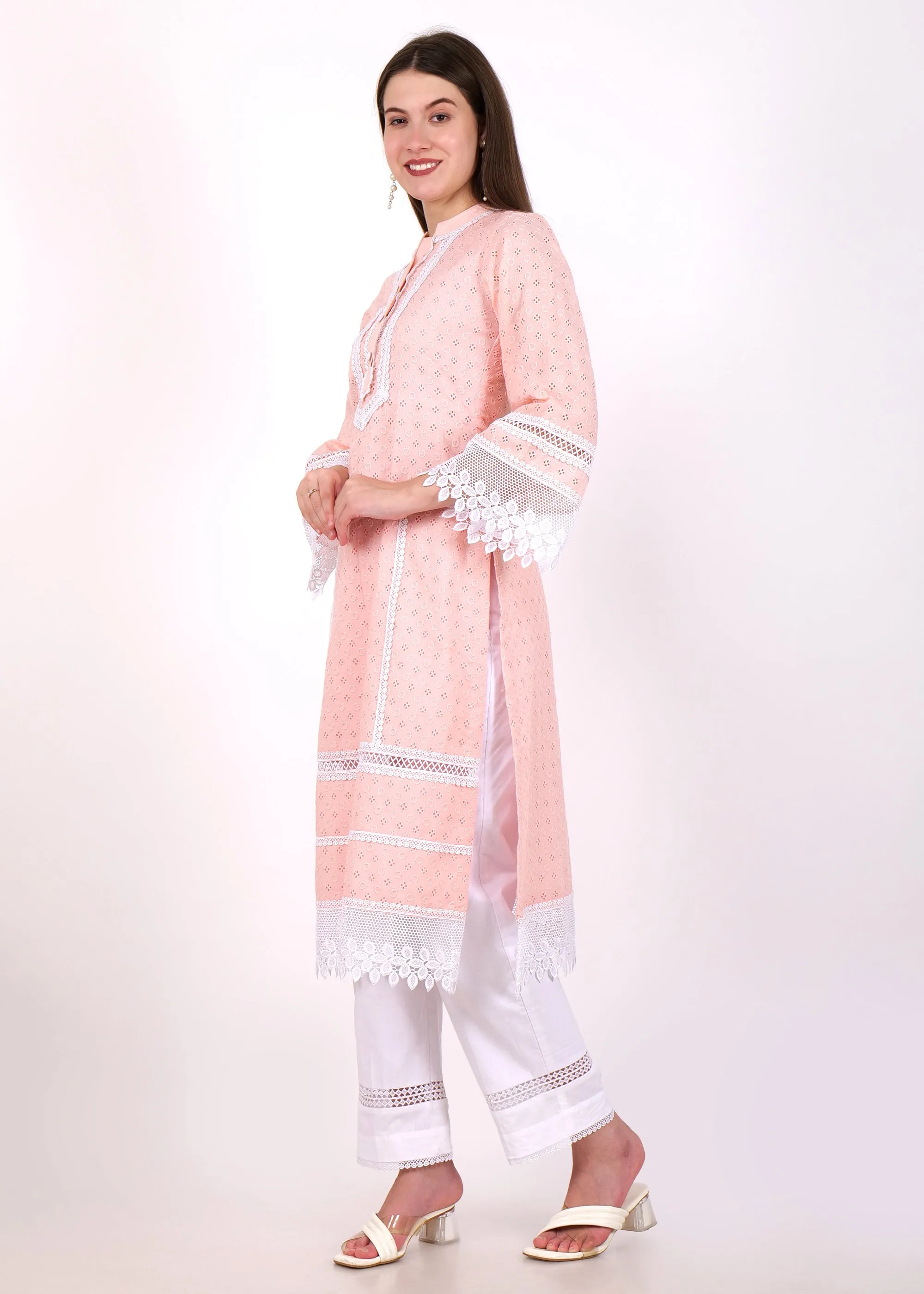 Blush Pink Lace Trim Kurta Set