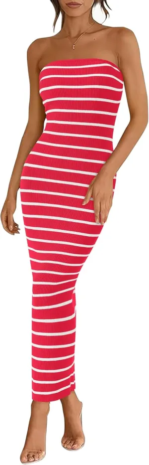 BTFBM Casual Women's Summer Dresses Bodycon Maxi Tube Striped Dress Ribbed Knit Strapless Back Slit Long Dress Party Dresses