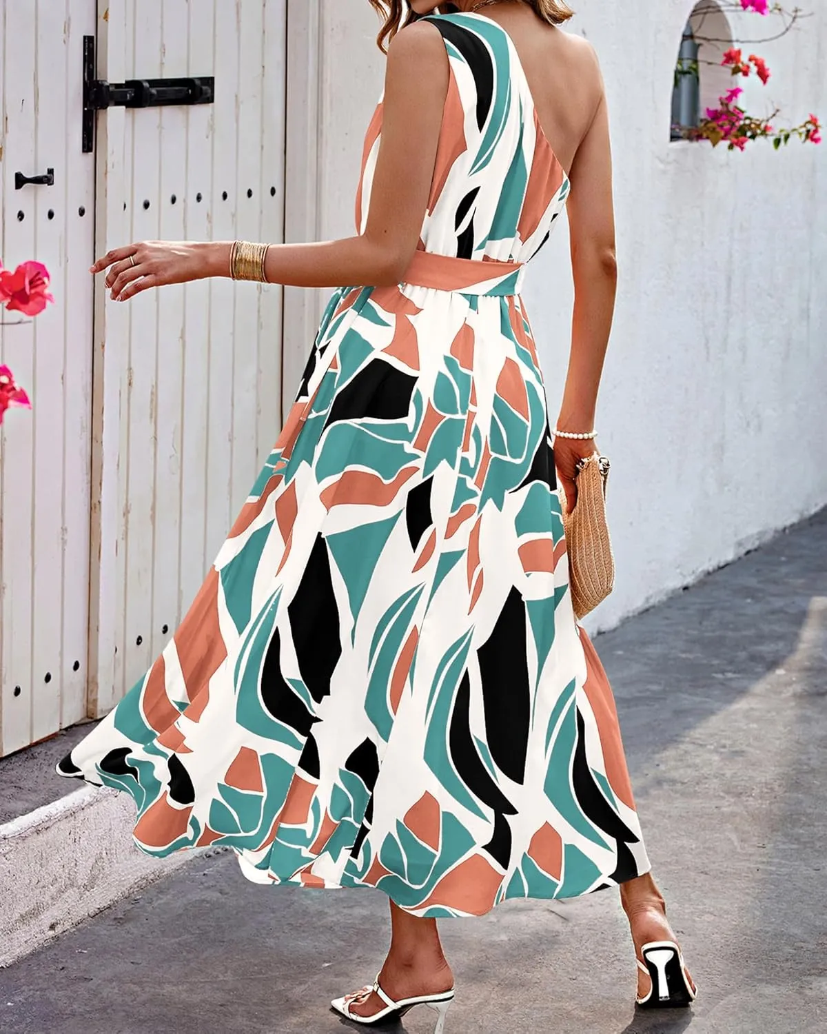 BTFBM Women's Sleeveless One Shoulder Dress Resort Outfits Casual Summer Maxi Sundress Print Belted Long Flowy Dresses
