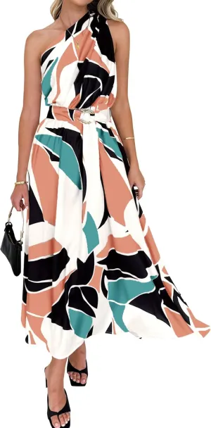 BTFBM Women's Sleeveless One Shoulder Dress Resort Outfits Casual Summer Maxi Sundress Print Belted Long Flowy Dresses
