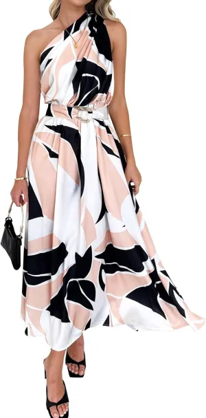 BTFBM Women's Sleeveless One Shoulder Dress Resort Outfits Casual Summer Maxi Sundress Print Belted Long Flowy Dresses
