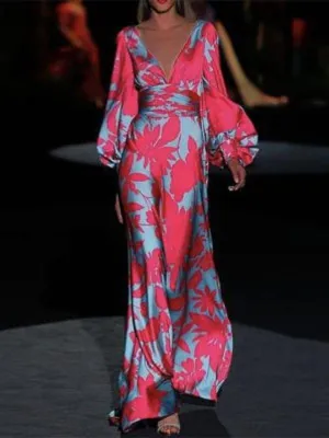 Deep V Neck Lantern Sleeve Dress