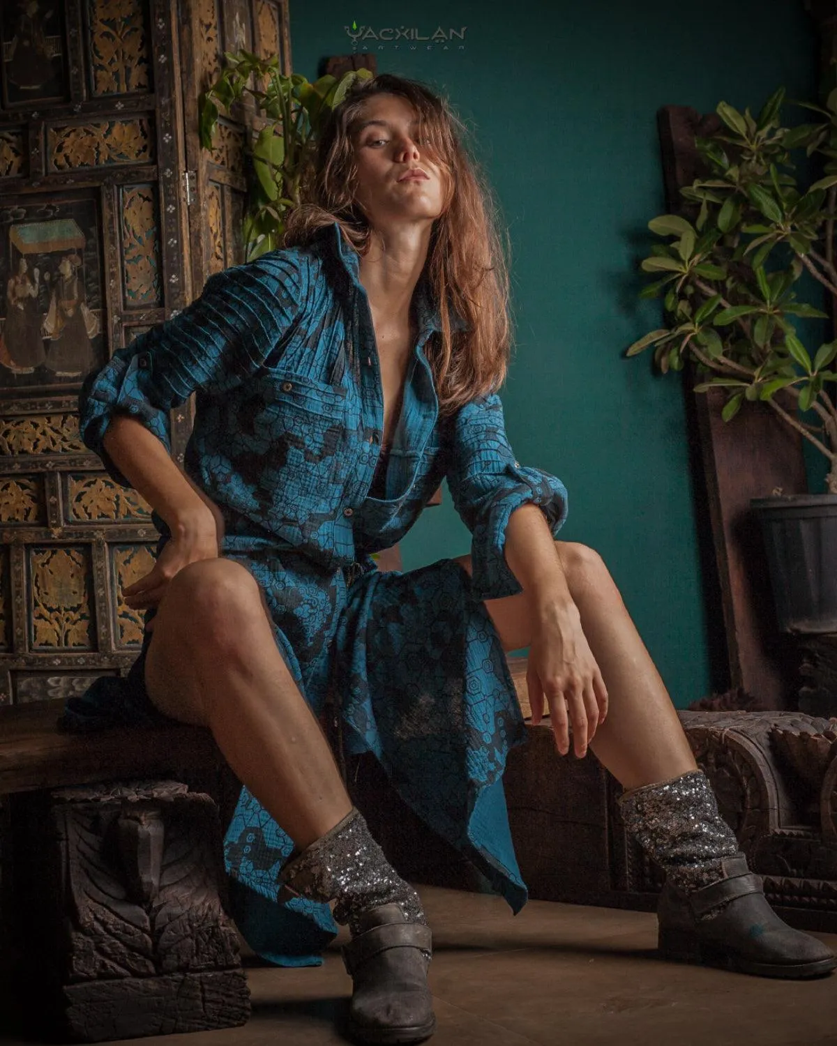 Dress Longsleeve Woman / Zaafaraï - Cotton Teal SHAMANKA
