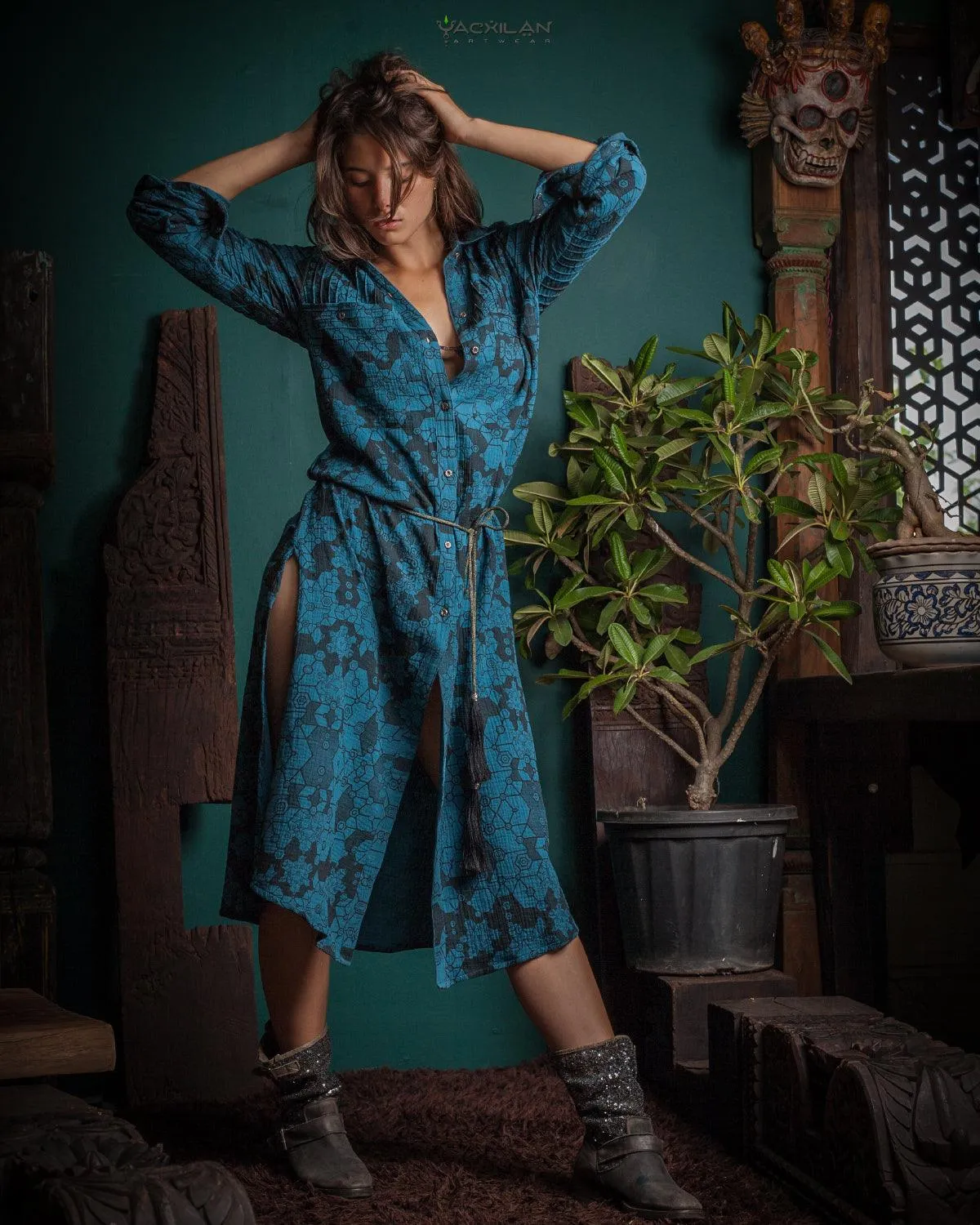 Dress Longsleeve Woman / Zaafaraï - Cotton Teal SHAMANKA