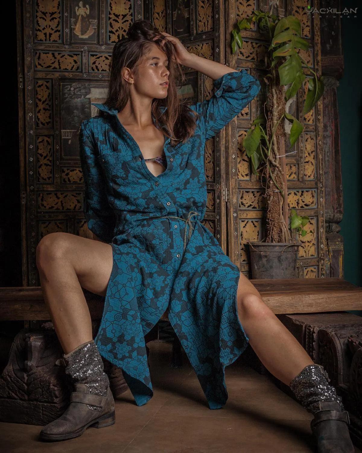 Dress Longsleeve Woman / Zaafaraï - Cotton Teal SHAMANKA