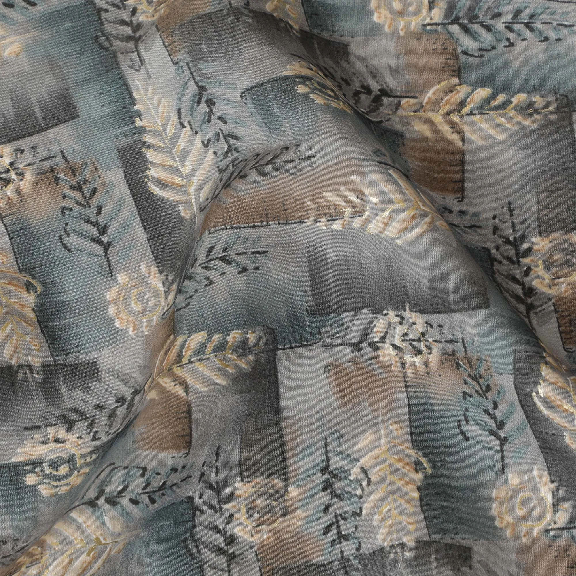 Elegant Grey Cotton Lawn Fabric with Silver Botanical Print, 110 cm Wide-D19140