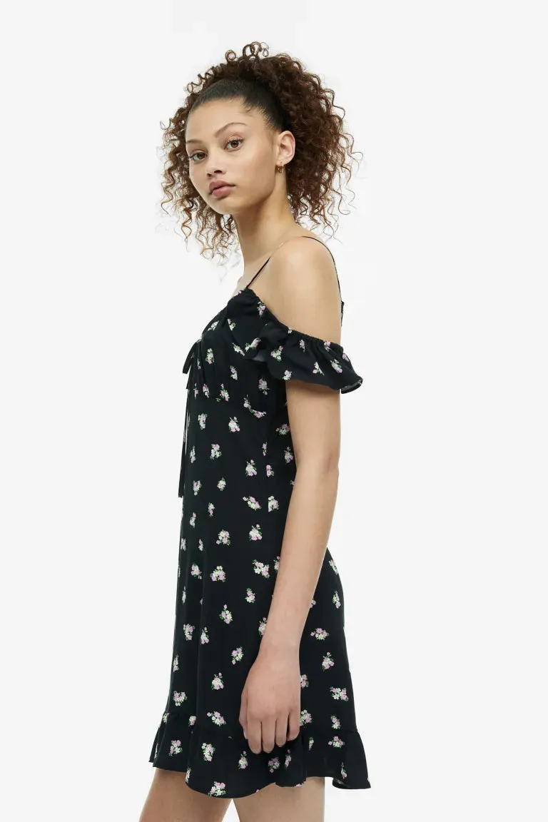 H&M Off Shoulder Fly Sleeve Dress, Black/Floral