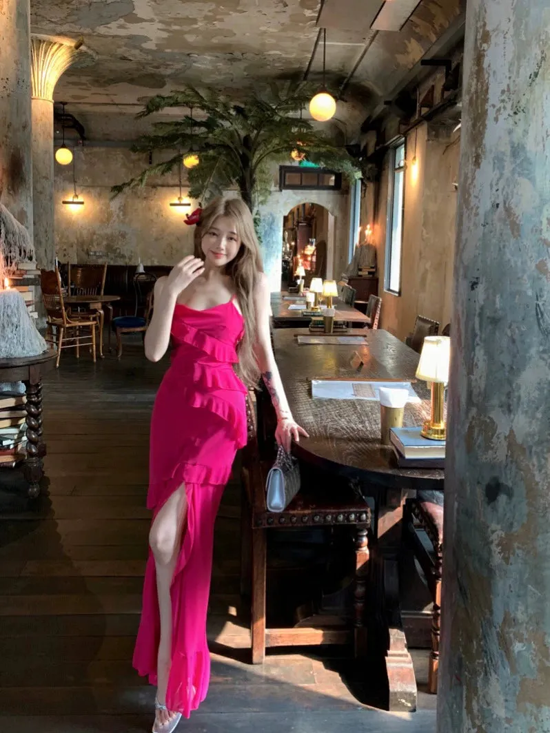 Hot pink ruffled dress summer sexy backless long party dress    S5914