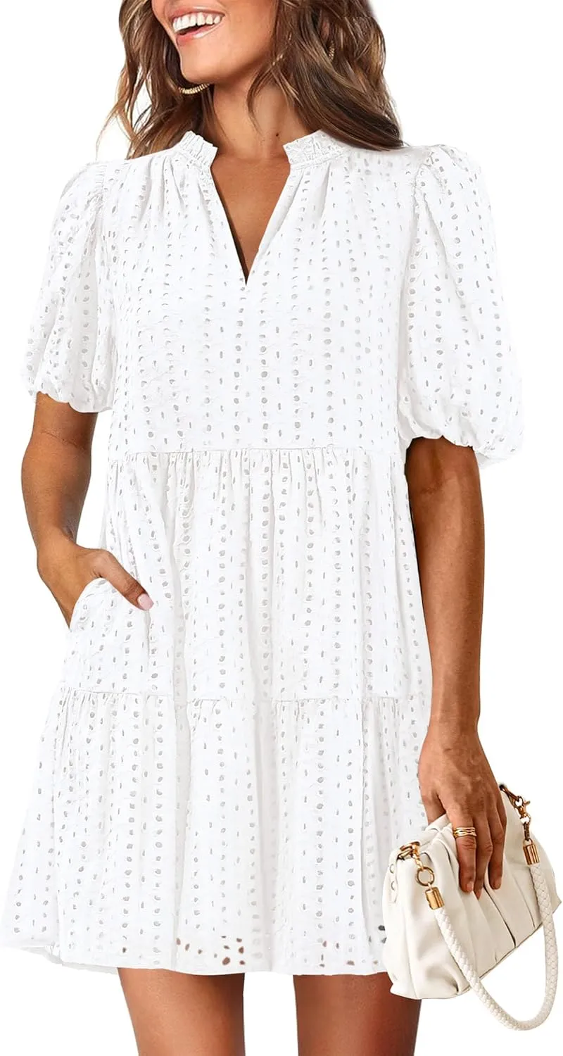 KIRUNDO Eyelet Summer Dresses for Women Mini Casual Hollow Out Short Sleeve Lace Tiered V Neck Shift Dress with Pockets