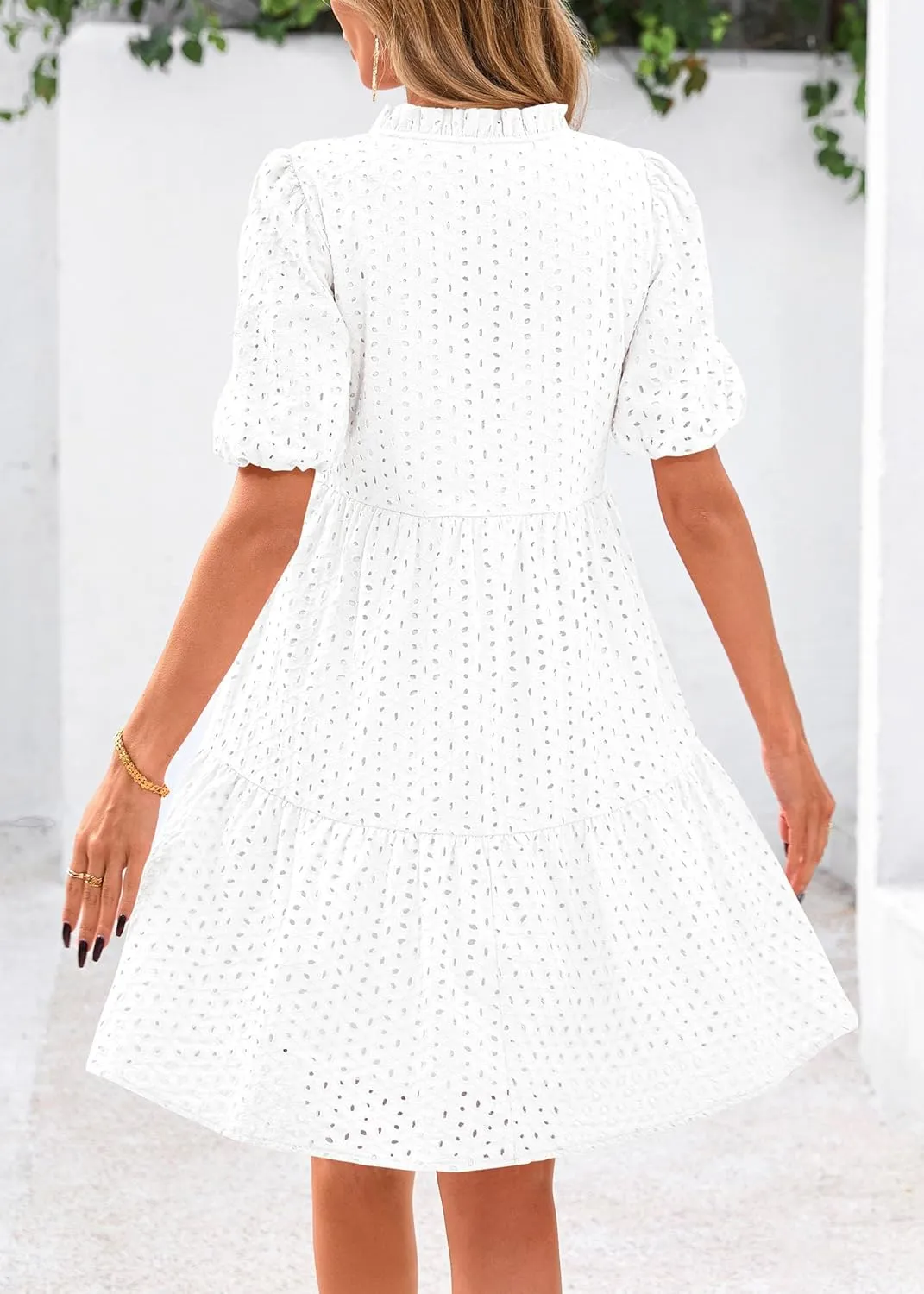 KIRUNDO Eyelet Summer Dresses for Women Mini Casual Hollow Out Short Sleeve Lace Tiered V Neck Shift Dress with Pockets