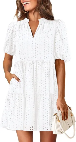 KIRUNDO Eyelet Summer Dresses for Women Mini Casual Hollow Out Short Sleeve Lace Tiered V Neck Shift Dress with Pockets