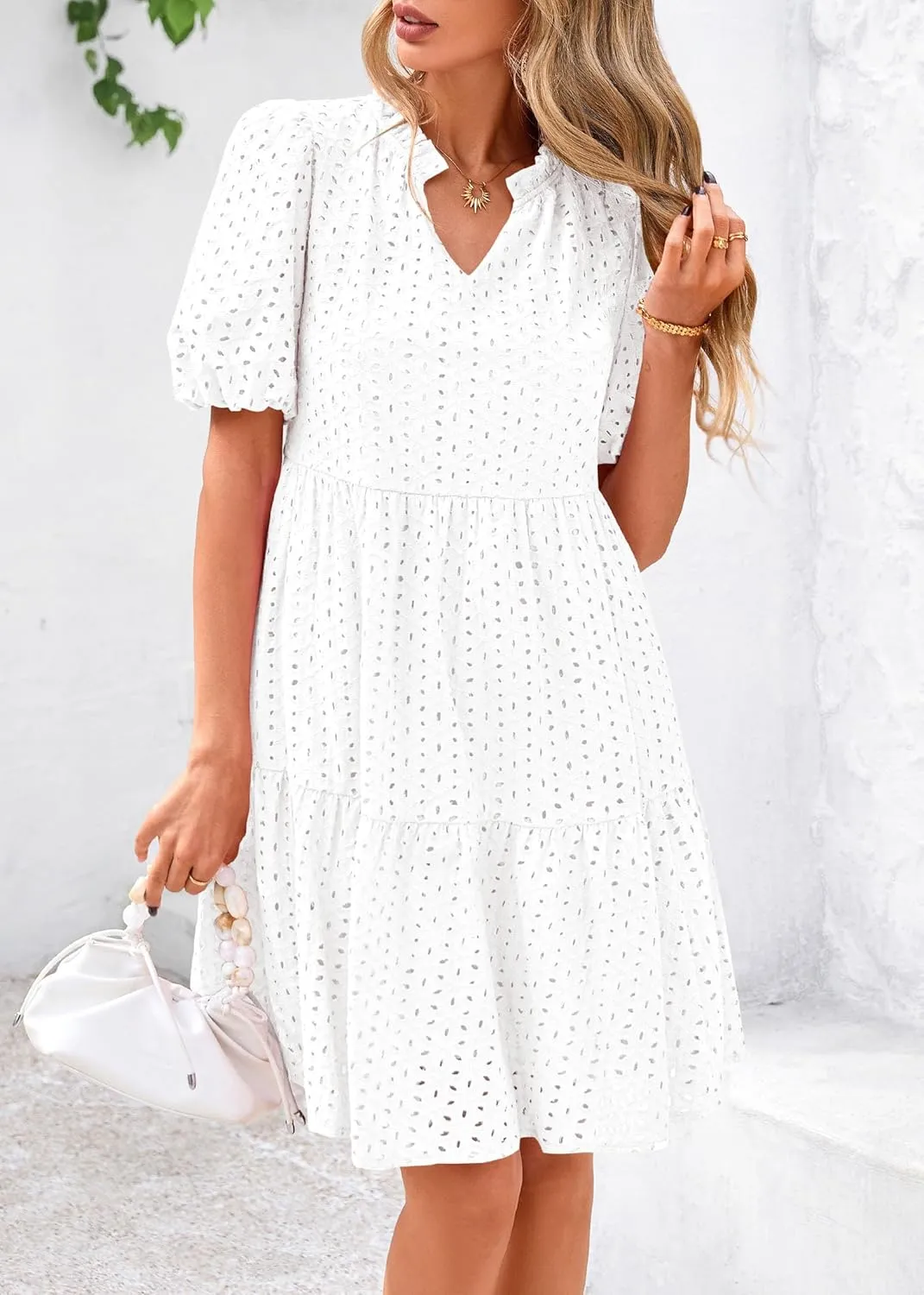 KIRUNDO Eyelet Summer Dresses for Women Mini Casual Hollow Out Short Sleeve Lace Tiered V Neck Shift Dress with Pockets