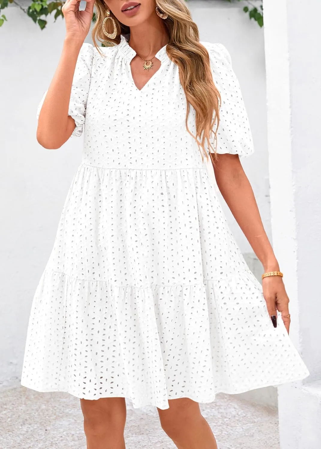 KIRUNDO Eyelet Summer Dresses for Women Mini Casual Hollow Out Short Sleeve Lace Tiered V Neck Shift Dress with Pockets