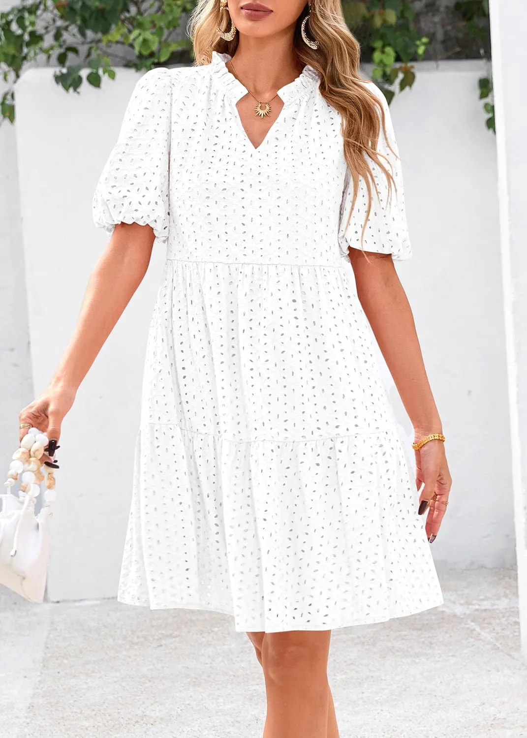 KIRUNDO Eyelet Summer Dresses for Women Mini Casual Hollow Out Short Sleeve Lace Tiered V Neck Shift Dress with Pockets
