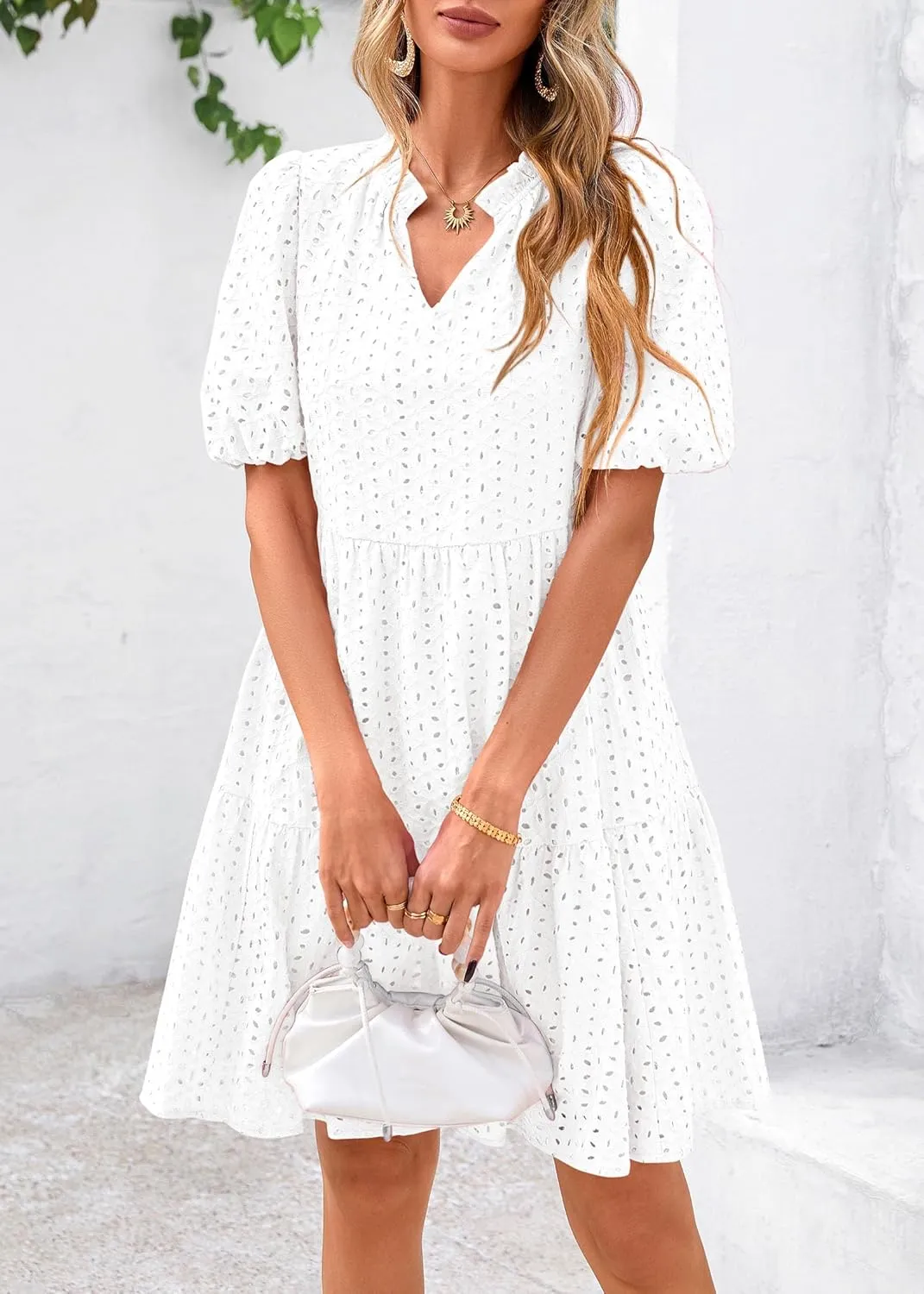 KIRUNDO Eyelet Summer Dresses for Women Mini Casual Hollow Out Short Sleeve Lace Tiered V Neck Shift Dress with Pockets