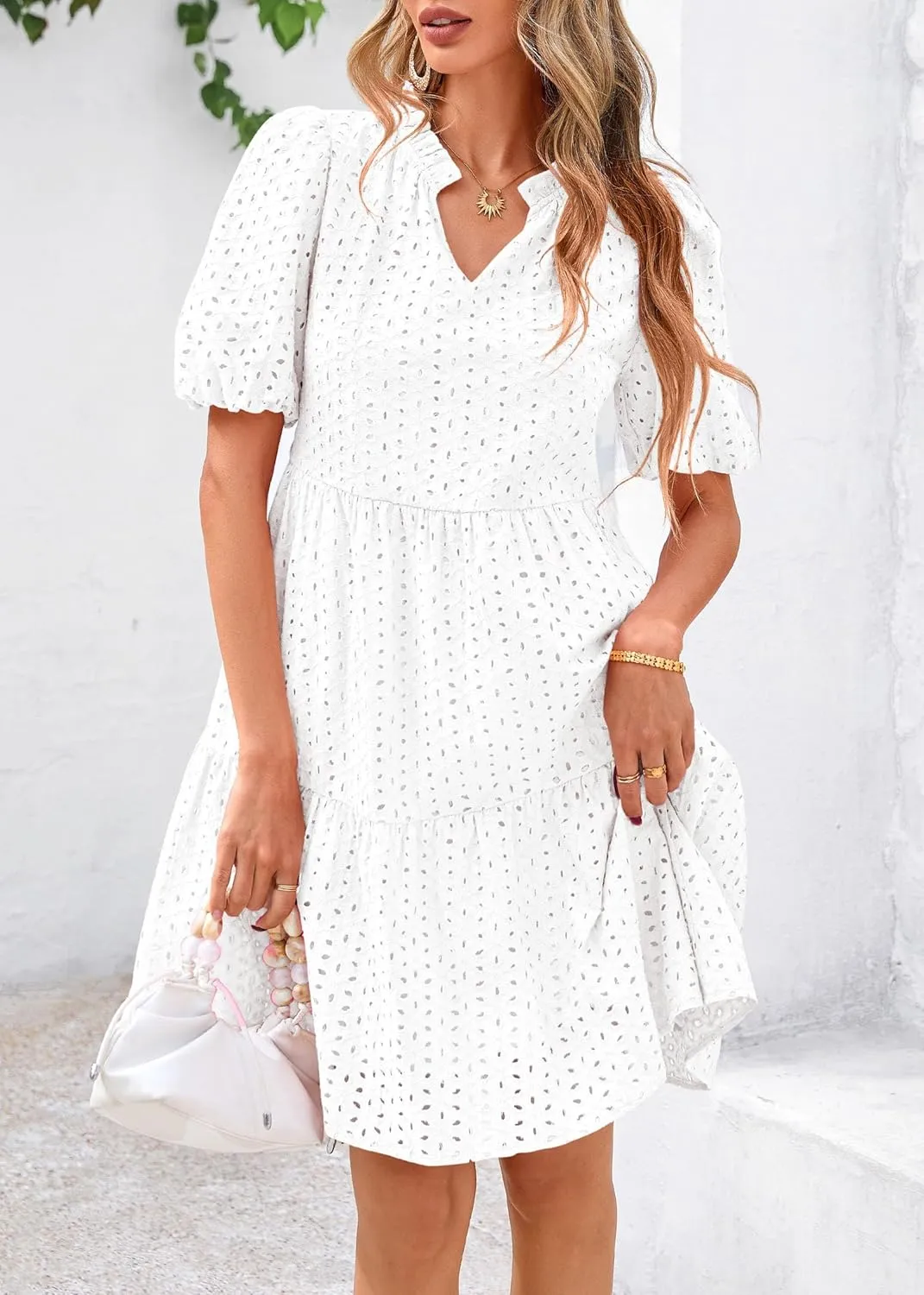 KIRUNDO Eyelet Summer Dresses for Women Mini Casual Hollow Out Short Sleeve Lace Tiered V Neck Shift Dress with Pockets