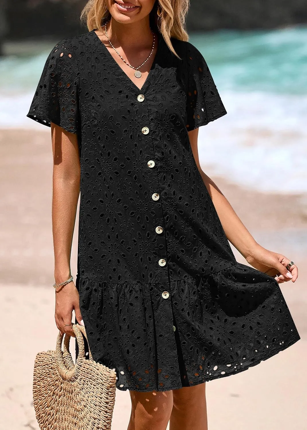 KIRUNDO Summer Dresses for Women 2025 Button Down V Neck Short Sleeve Hollow Out Lace A Line Casual Mini Babydoll Dress