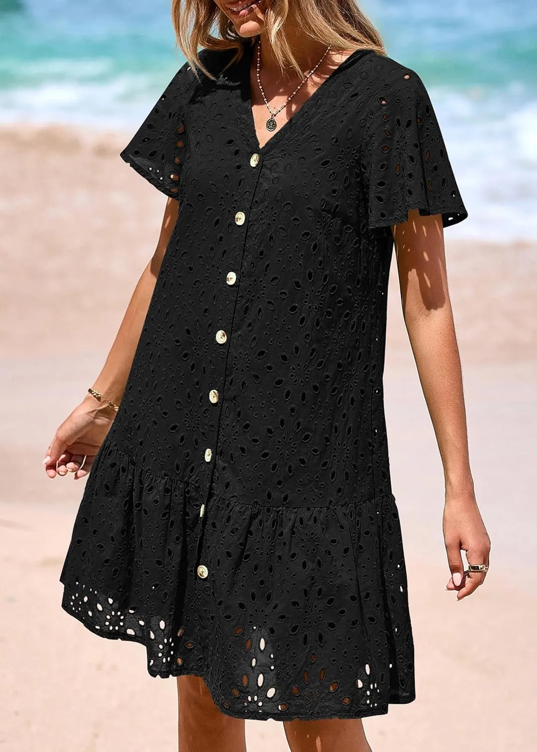KIRUNDO Summer Dresses for Women 2025 Button Down V Neck Short Sleeve Hollow Out Lace A Line Casual Mini Babydoll Dress