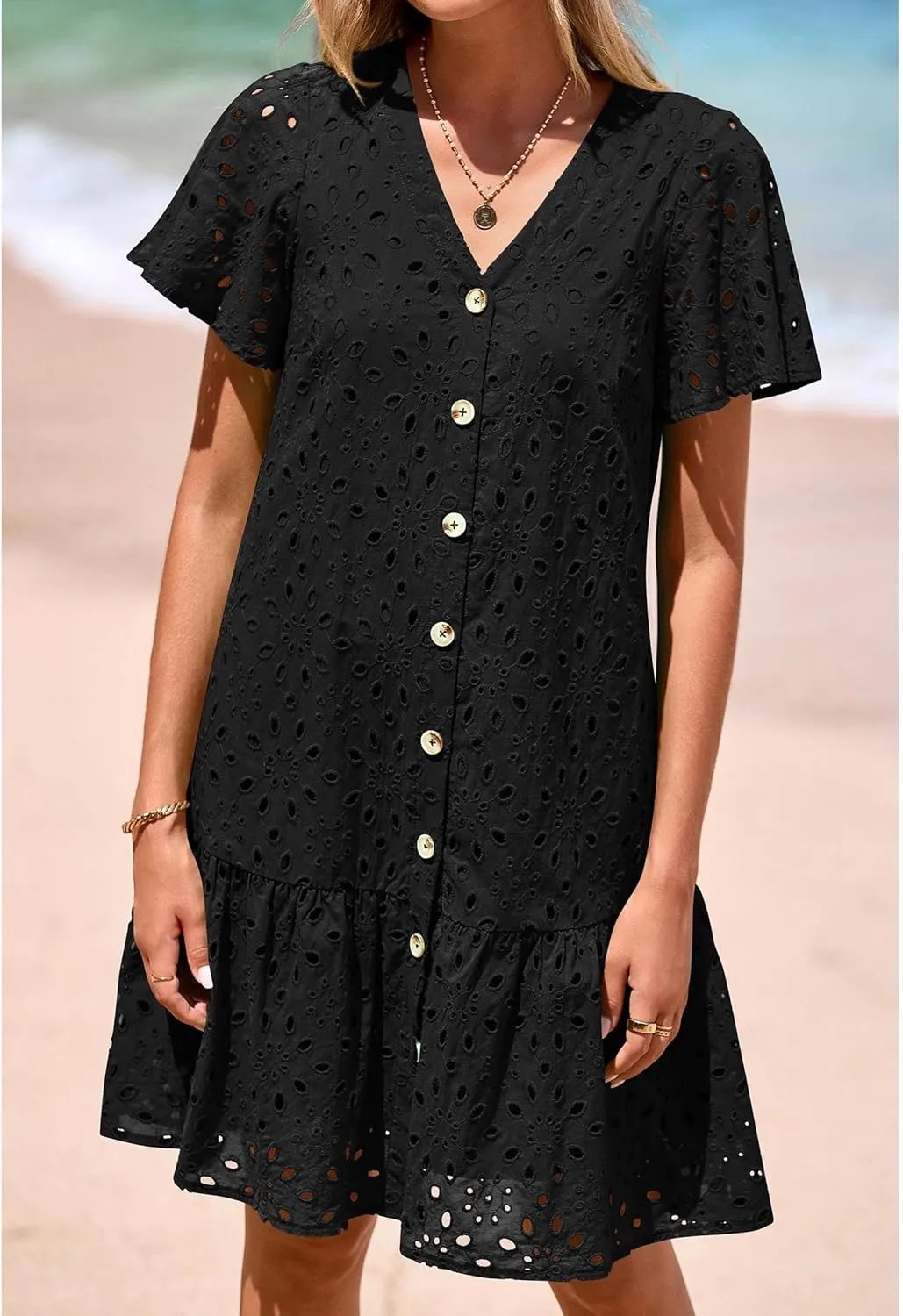 KIRUNDO Summer Dresses for Women 2025 Button Down V Neck Short Sleeve Hollow Out Lace A Line Casual Mini Babydoll Dress