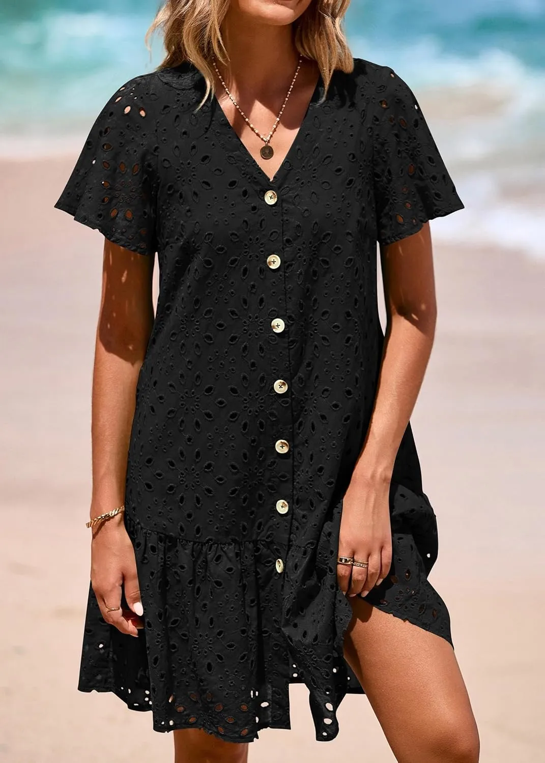 KIRUNDO Summer Dresses for Women 2025 Button Down V Neck Short Sleeve Hollow Out Lace A Line Casual Mini Babydoll Dress
