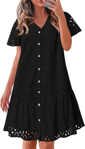 KIRUNDO Summer Dresses for Women 2025 Button Down V Neck Short Sleeve Hollow Out Lace A Line Casual Mini Babydoll Dress
