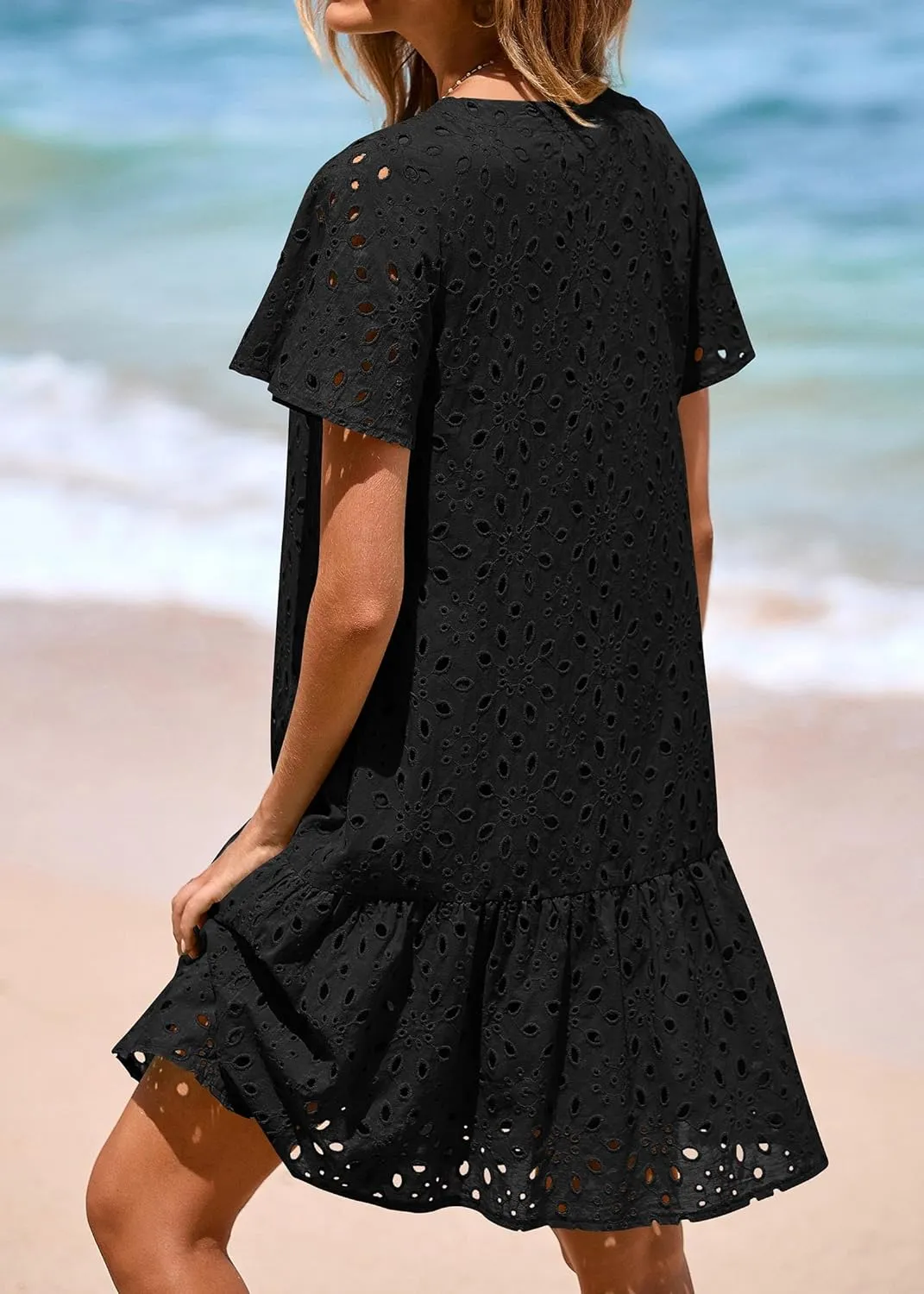 KIRUNDO Summer Dresses for Women 2025 Button Down V Neck Short Sleeve Hollow Out Lace A Line Casual Mini Babydoll Dress