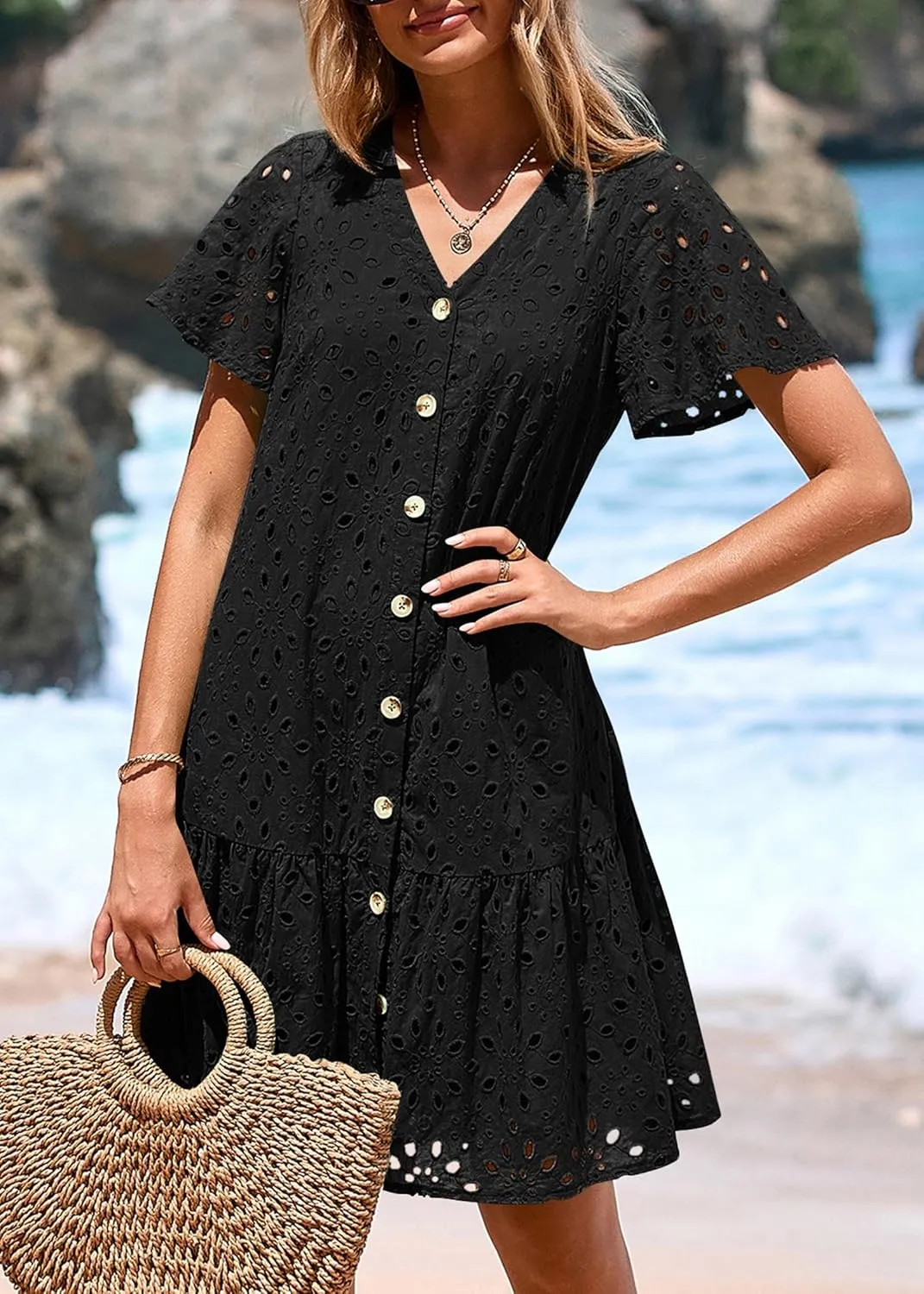 KIRUNDO Summer Dresses for Women 2025 Button Down V Neck Short Sleeve Hollow Out Lace A Line Casual Mini Babydoll Dress