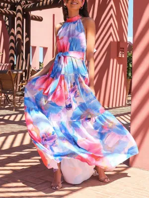 Multicolor Print Halter Neck Sleeveless Dress