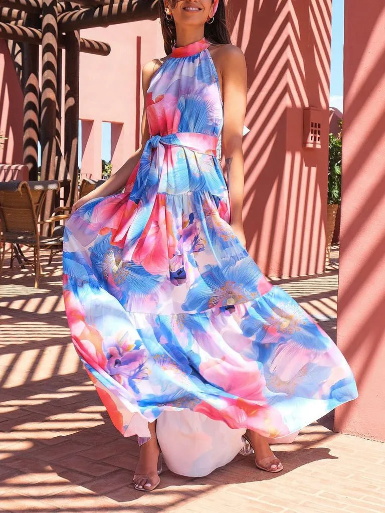 Multicolor Print Halter Neck Sleeveless Dress
