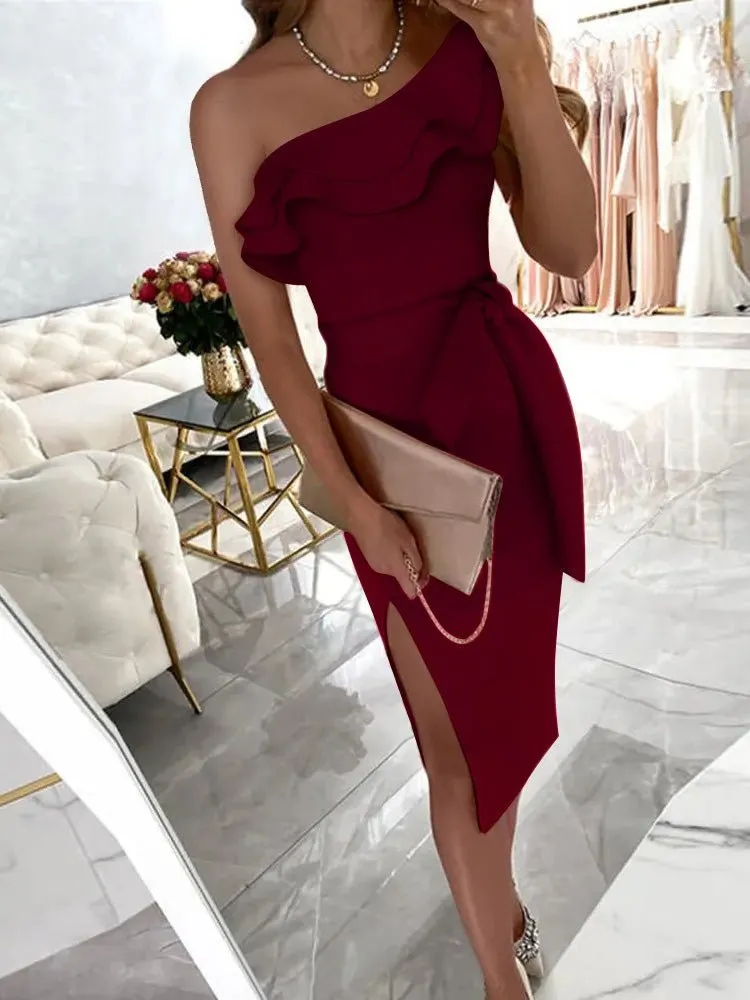 One-Shoulder Ruffle Lace-Up Sleeveless Slit Dress