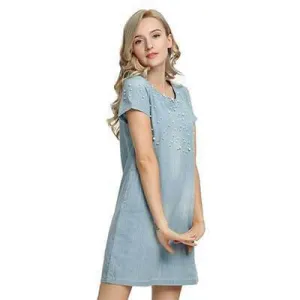 Plus Size - Denim Jeans Pearl Beaded Casual O Neck Long Shirt / Mini Dresses (US 4 - 22W)