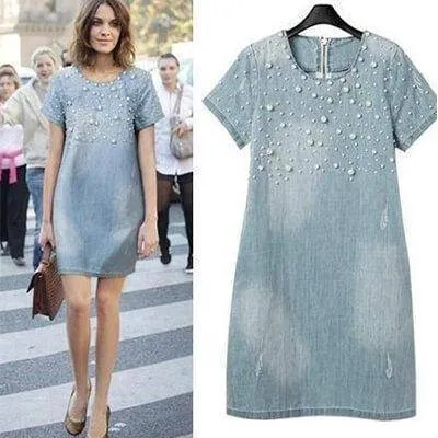 Plus Size - Denim Jeans Pearl Beaded Casual O Neck Long Shirt / Mini Dresses (US 4 - 22W)