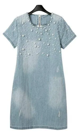 Plus Size - Denim Jeans Pearl Beaded Casual O Neck Long Shirt / Mini Dresses (US 4 - 22W)