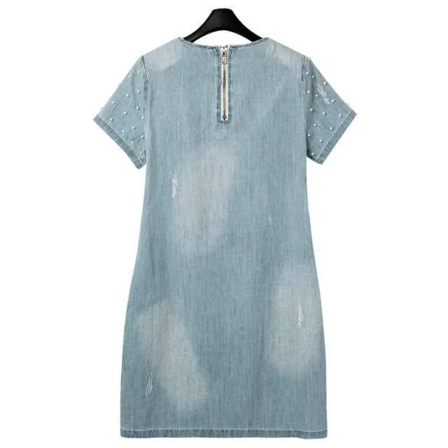 Plus Size - Denim Jeans Pearl Beaded Casual O Neck Long Shirt / Mini Dresses (US 4 - 22W)