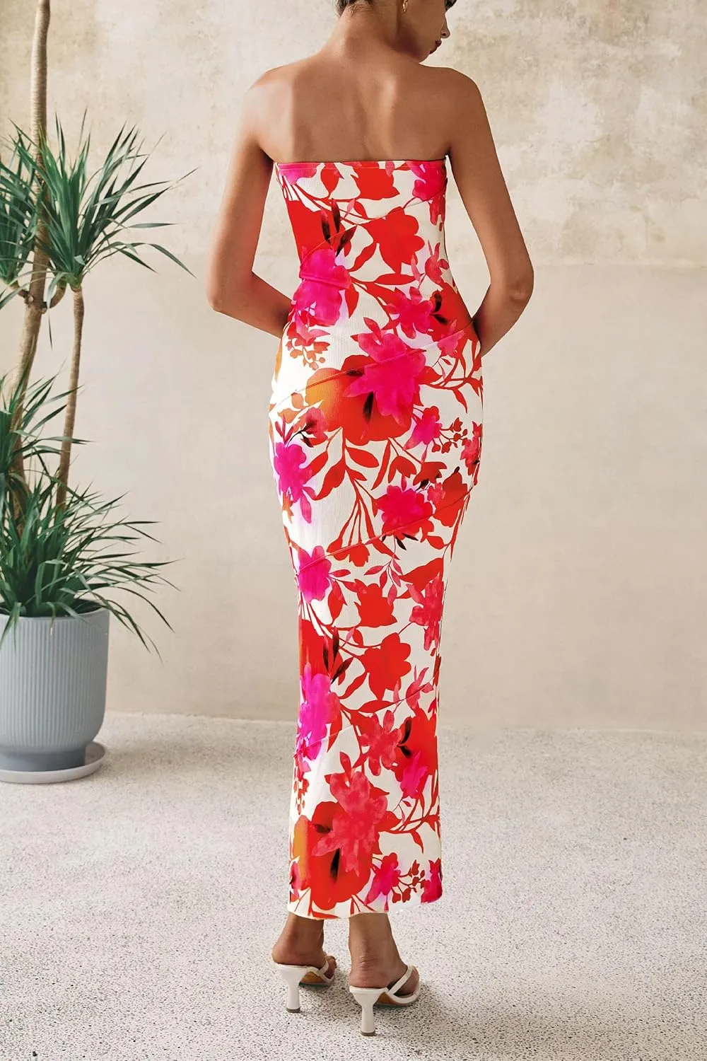 PRETTYGARDEN Women's 2025 Summer Floral Bodycon Maxi Dresses Ribbed Strapless Tube Casual Boho Party Long Dress