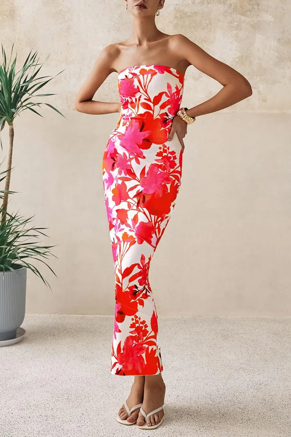 PRETTYGARDEN Women's 2025 Summer Floral Bodycon Maxi Dresses Ribbed Strapless Tube Casual Boho Party Long Dress