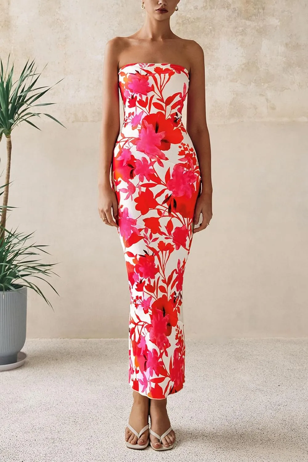 PRETTYGARDEN Women's 2025 Summer Floral Bodycon Maxi Dresses Ribbed Strapless Tube Casual Boho Party Long Dress