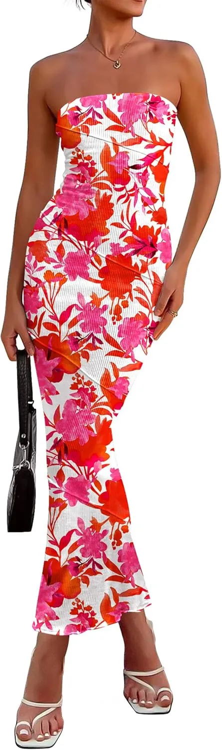 PRETTYGARDEN Women's 2025 Summer Floral Bodycon Maxi Dresses Ribbed Strapless Tube Casual Boho Party Long Dress