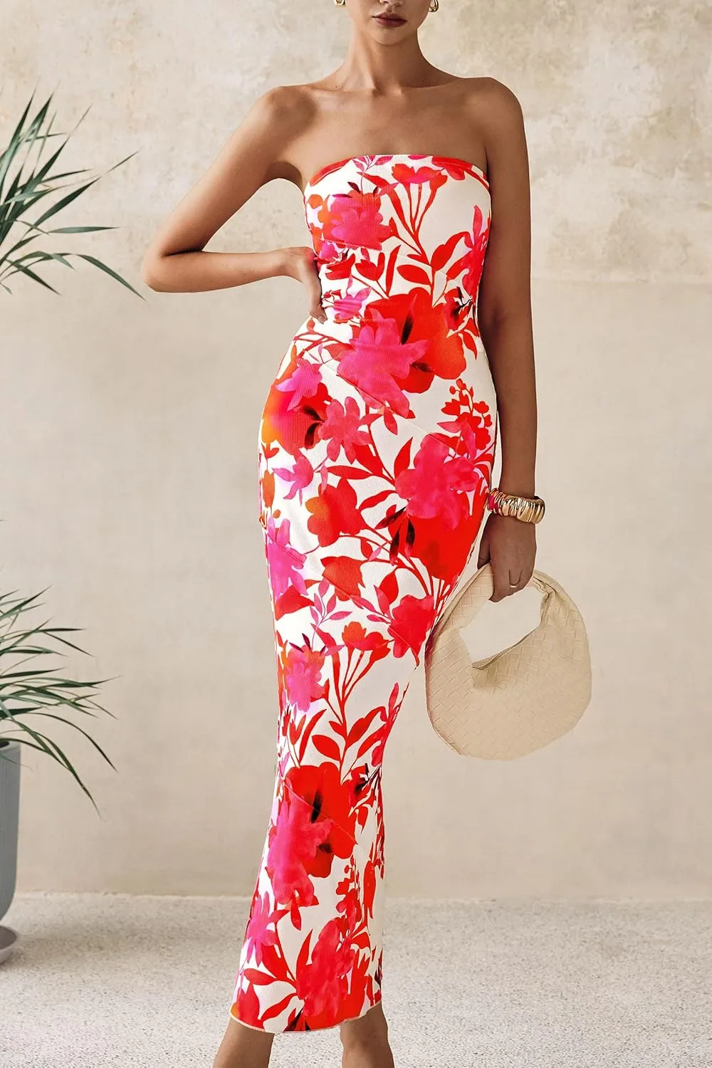 PRETTYGARDEN Women's 2025 Summer Floral Bodycon Maxi Dresses Ribbed Strapless Tube Casual Boho Party Long Dress