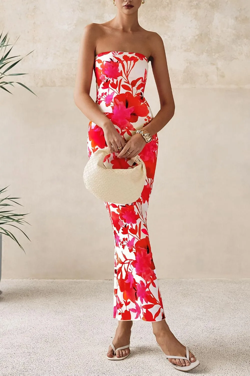 PRETTYGARDEN Women's 2025 Summer Floral Bodycon Maxi Dresses Ribbed Strapless Tube Casual Boho Party Long Dress