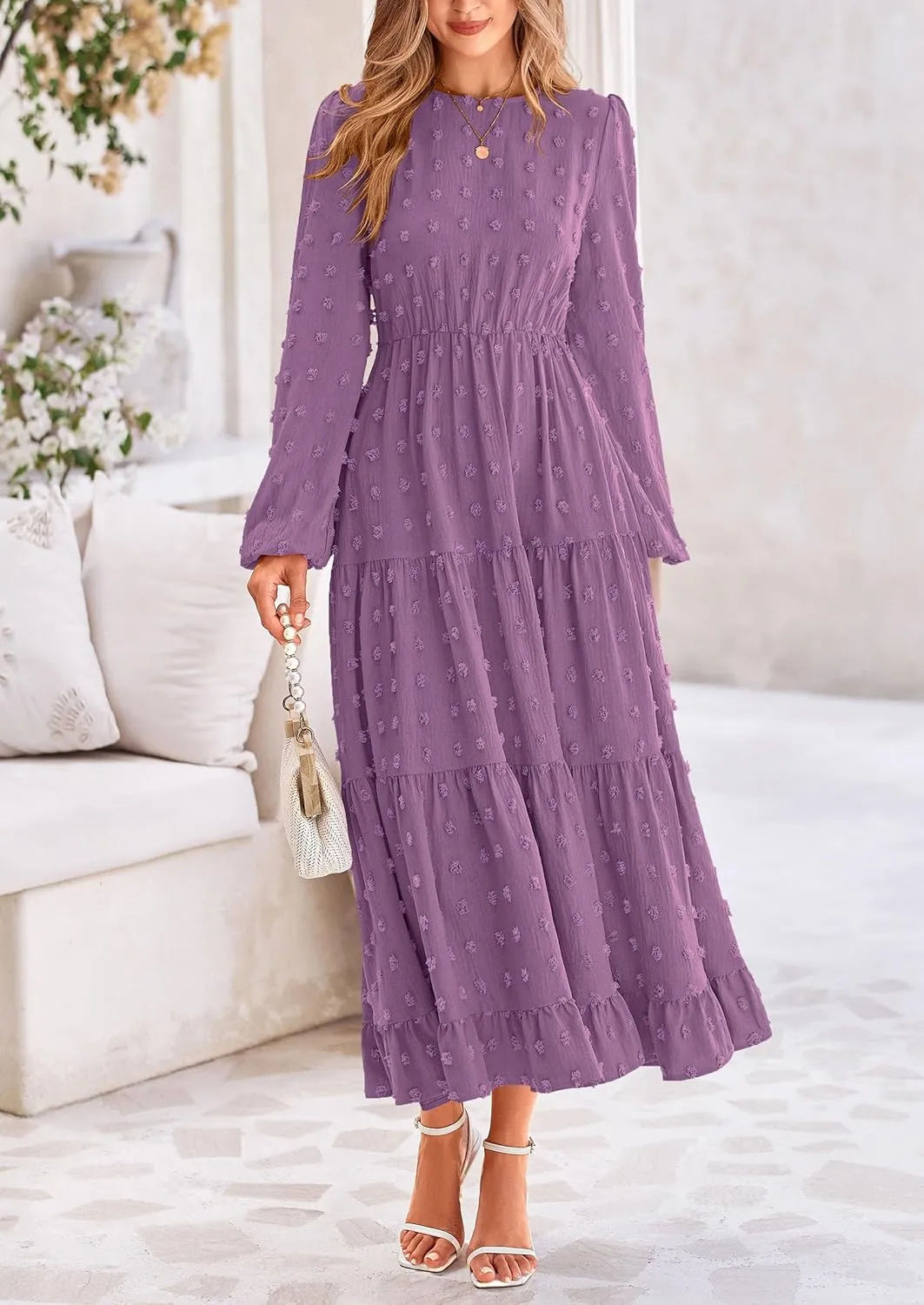 PRETTYGARDEN Women's Fall Spring Elegant Long Sleeve Maxi Dress Swiss Dot A Line Flowy Casual Holiday Party Going Out Dresses