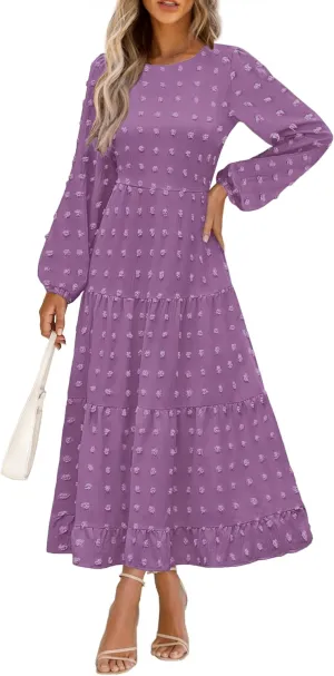PRETTYGARDEN Women's Fall Spring Elegant Long Sleeve Maxi Dress Swiss Dot A Line Flowy Casual Holiday Party Going Out Dresses